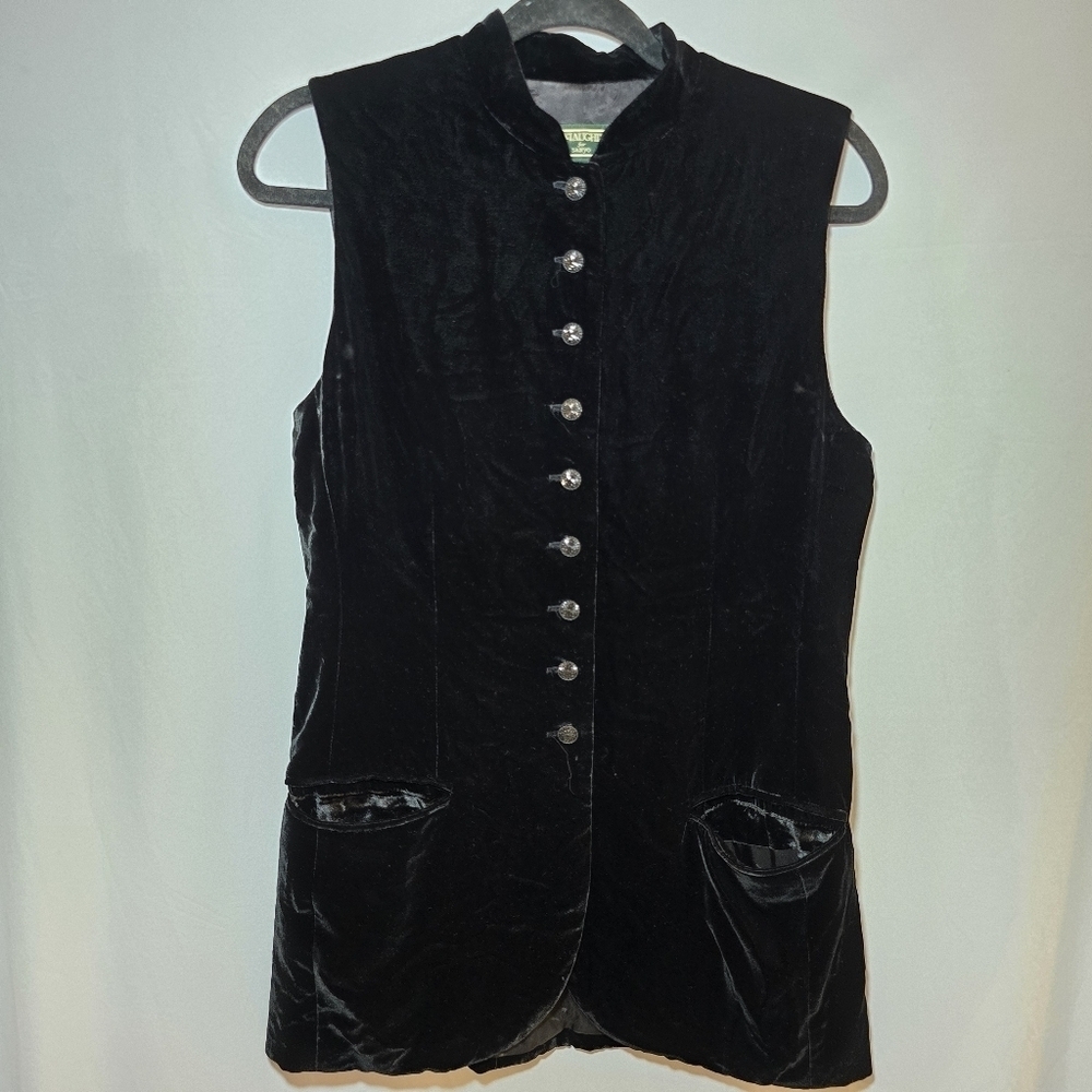 Vintage J. McLaughlin Goth Punk Black Velvet Crystal Buttons Longline Vest, sz 6
